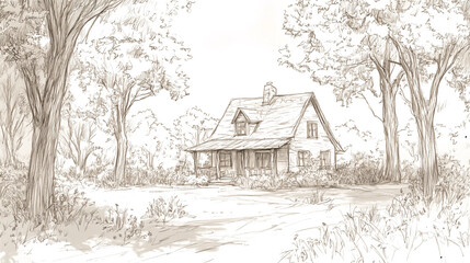 Hand-drawn illustration of a rustic stone cottage surrounded by trees and bushes, old wooden small house in hand draw sketch style, Architecture Drawing banner background for design.