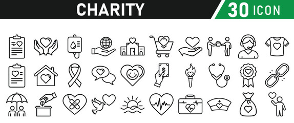 Charity and Donation icon set. Help, volunteer, donated, assistance, sharing and solidarity symbol. Liner icons vector collection for web.