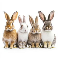 Obraz premium Adorable Bunny Quartet: A charming group of four fluffy bunnies of varying colors sits in a row, their ears perked and eyes wide, presenting a collective portrait of innocence and cuteness.