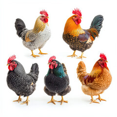 Fototapeta premium Roosters in Variety: A gathering of vibrant roosters, each boasting unique plumage and commanding presence, stands ready to add charm to any scene.