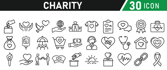 Charity and Donation icon set. Help, volunteer, donated, assistance, sharing and solidarity symbol. Liner icons vector collection for web.