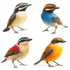 Colorful Avian Quartet: An artistic collection of four vibrant bird species showcases exquisite plumage, poised gracefully against a backdrop of simplicity.