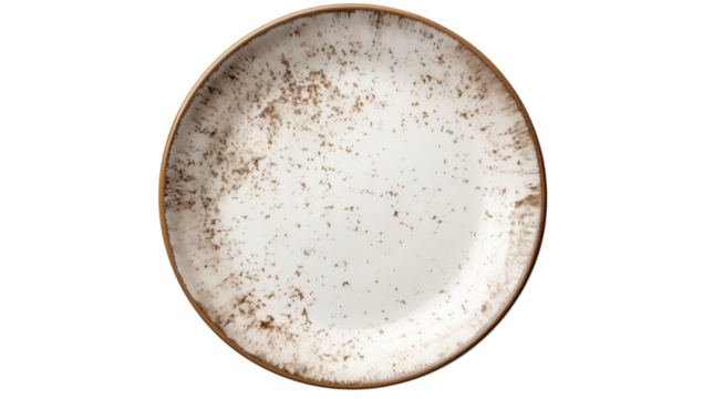 A white plate with brown speckled pattern and a brown rim on a  is centered on transparent background png