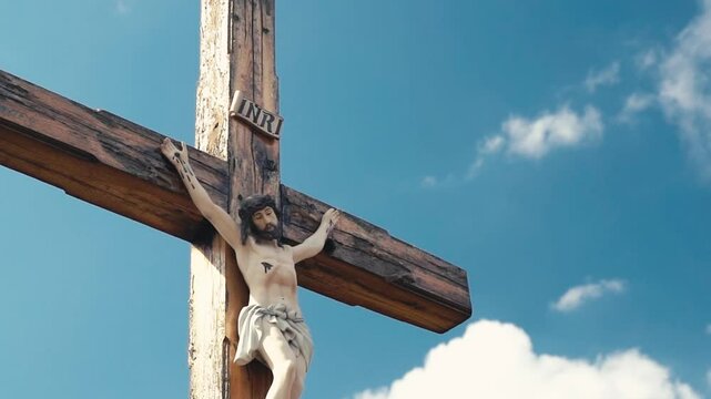 Crucifixion of Christ against the sky background. Catholicism, Christianity, faith concept. The initialism INRI Iesus Nazarenus, Rex Iudaeorum represents the Latin inscription in English translates to