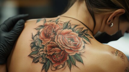 A close-up of a beautifully detailed rose tattoo adorning a person's back, showcasing artistry and personal expression.