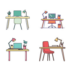 Flat Style Computer Table Vector – Home Office or Study Desk with Laptop, Chair, Lamp, Books, Cup, and Organized Workspace Elements for Productivity Themes