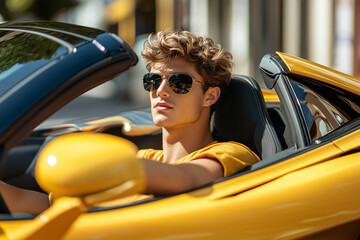 A handsome man driving a sport car