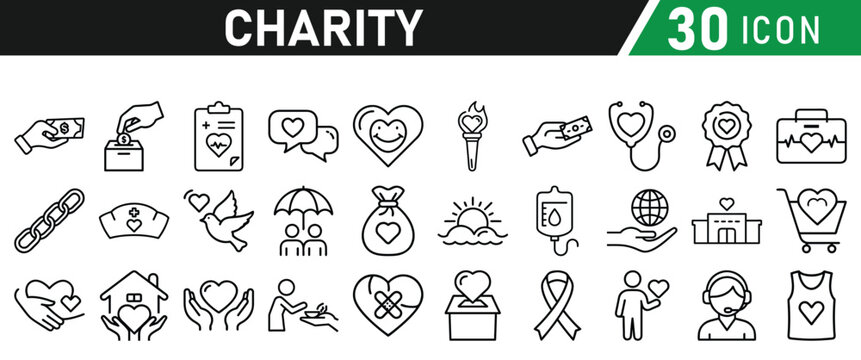 Charity and Donation icon set. Help, volunteer, donated, assistance, sharing and solidarity symbol. Liner icons vector collection for web.