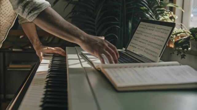Musician leans over a piano, using a laptop to compose music in a sunlit room. The scene emphasizes the blend of traditional and modern music making techniques