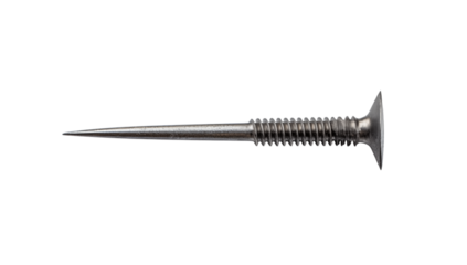 Close up of a silver screw with a flat head and spiral threads on a  studio shot on transparent background png