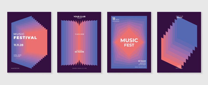 Music poster design background vector set. Electro Sound Cover template with vibrant abstract gradient geometric shape. Ideal design for social media, flyer, party, music festival, club.