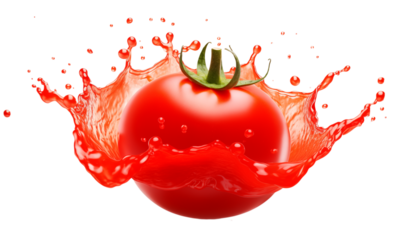 A vibrant tomato with a splash of juice creating a dynamic and refreshing food presentation image on transparent background png
