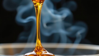A close up of honey being drizzled, capturing the viscous flow and shine against a contrasting background.