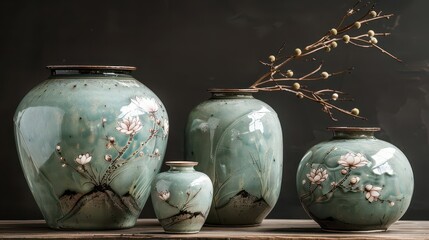A collection of decorative ceramic vases with floral designs and natural elements.