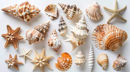 Assortment of seashells and starfish on a white background, showcasing natural marine elements.