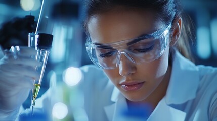 Woman in lab coat and safety glasses using pipette with yellow liquid in a test tube closely examining