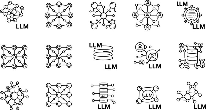 set of LLM or large language model with neural networks line art vector icon for apps and websites
