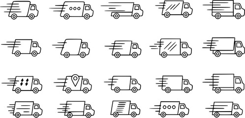 set of Fast moving shipping delivery truck line art vector icon for transportation apps and websites
