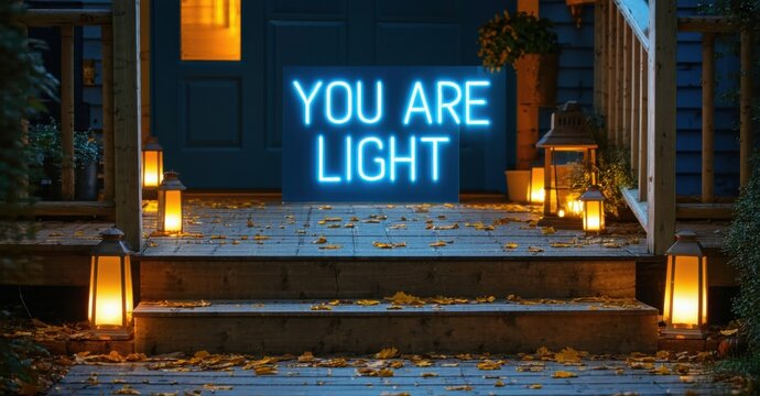 Naklejki Blue and gold neon sign you are light in bold block font glowing on wooden porch with creaking steps scattered leaves and soft lanterns