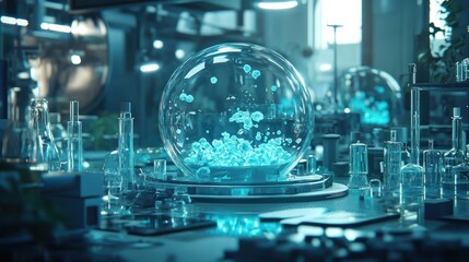 Sci-fi lab sphere with glowing blue liquids