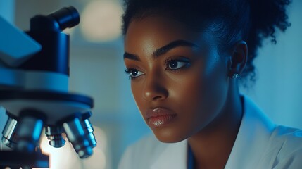 Focused scientist examining sample under microscope in laboratory setting with blue lighting