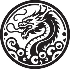 Naklejka premium Abstract black round dragon in a circular form with ink splatter isolated on white background,