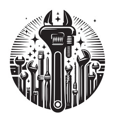 Black Color Pipe Wrench Silhouette Vector Illustration, Solid White Background