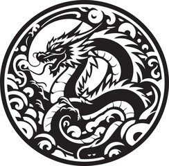 Naklejka premium Abstract black round dragon in a circular form with ink splatter isolated on white background,