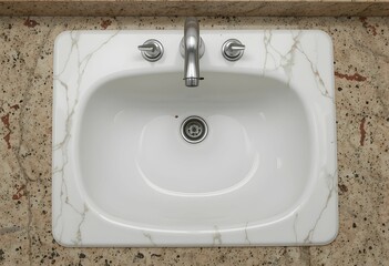 Fototapeta premium overhead view of a white porcelain bathroom sink with chrome faucet