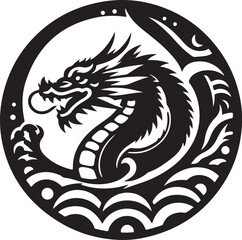 Naklejka premium Abstract black round dragon in a circular form with ink splatter isolated on white background,