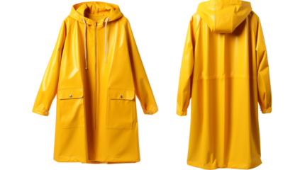 Two views of a yellow raincoat with hood and pockets displayed against a  on transparent background png