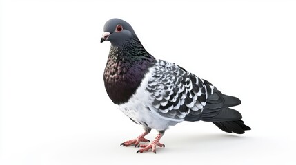 Fototapeta premium Pigeon standing gracefully on a light background showcasing its unique plumage and characteristics during daylight hours, isolated on white background