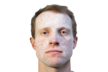 A man with a white substance covering his face looking directly at the viewer in a close up shot on transparent background png