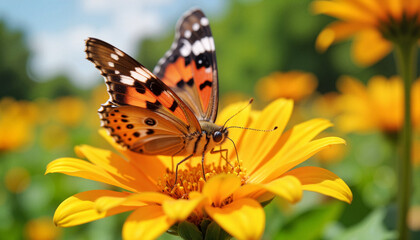 Naklejka premium Vibrant butterfly resting on colorful flower in garden, nature's beauty