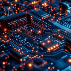 Obraz premium Circuit Board Illumination: A Detailed View of Microchip Technology with Bright Orange and Blue Glowing Connections