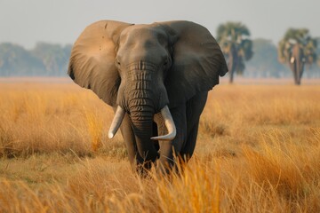 Obraz premium A majestic African elephant strolling through the golden grasslands of Chobe National Park in Botswana during early morning light