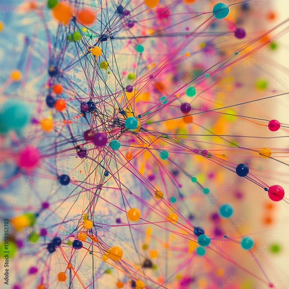 Poster colorful connections: a vibrant network of spheres and lines, abstract representation of connectivit