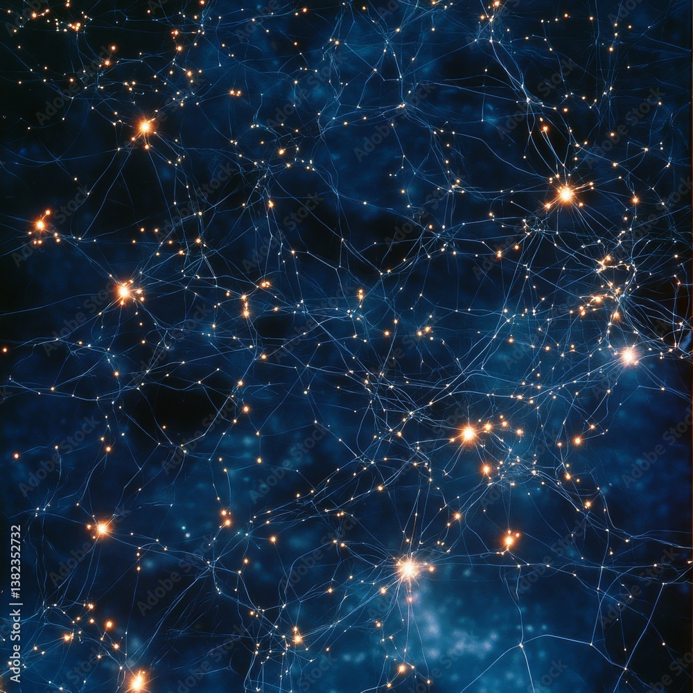 Fototapete Complex Neural Network Abstract: Deep Blue Interconnections with Golden Nodes, Mimicking Brain Structure and Connectivity