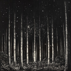 Naklejka premium Enchanted Nocturnal Forest: A Serene Woodcut Exploration of Trees Under a Starry Night Sky