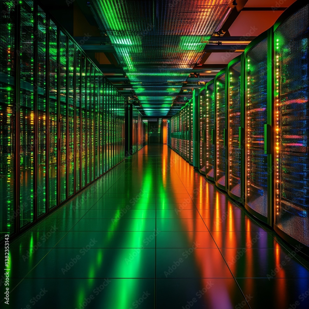 Aufkleber Data Center Illumination: A view down a brightly lit server room with green and orange lights reflecting off the floor.