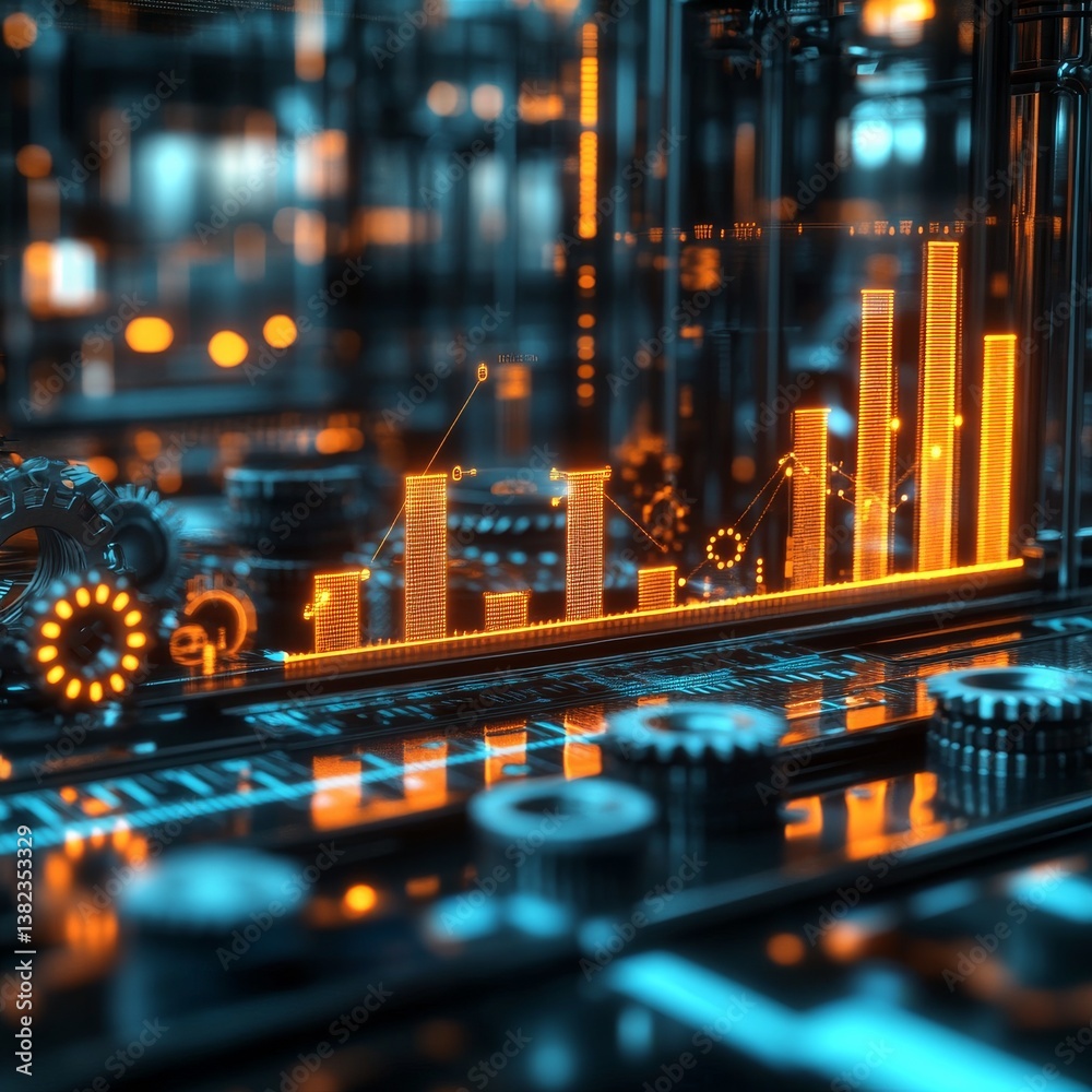 Poster digital growth: a close-up on technology, gears, and an ascending graph showing market analytics
