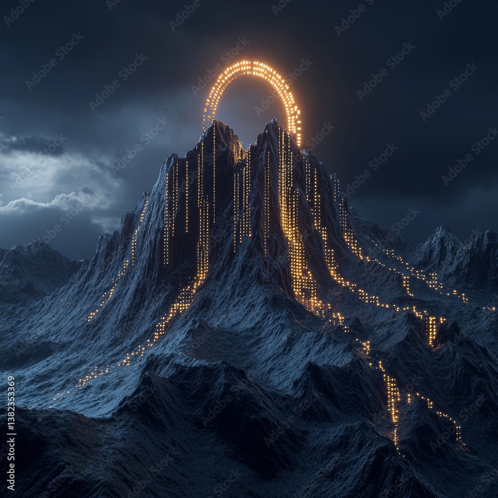 Poster Digital Aurora over Craggy Mountain Range: A futuristic landscape illuminated by a glowing arch and cascading data streams.