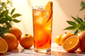 Fototapeta premium Aperol Spritz cocktail in a highball glass with orange slices and ice cubes, surrounded by fresh citrus fruits and greenery, against a clean, minimalistic backdrop