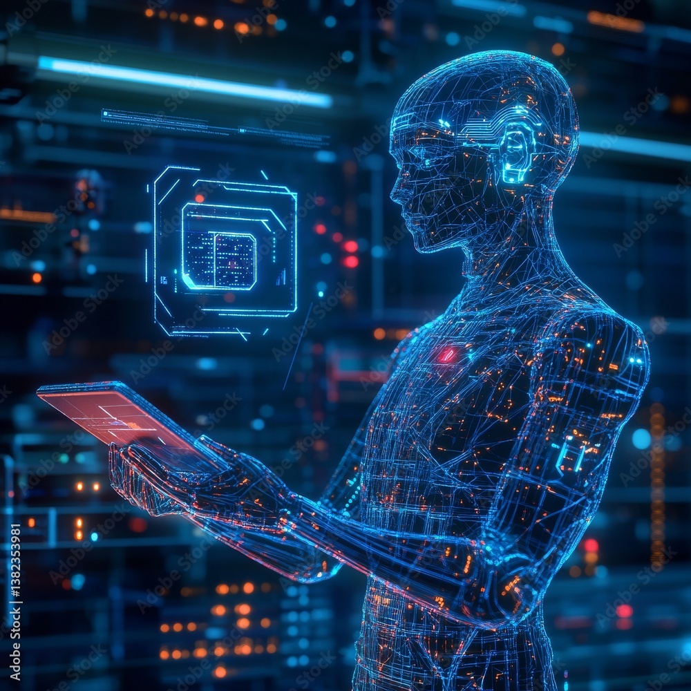 Fototapete futuristic ai humanoid analyzing digital data with tablet in a high-tech environment, featuring circ