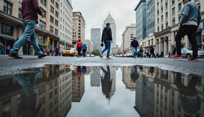 Obraz premium Urban cityscape reflected in puddle, moody street scene