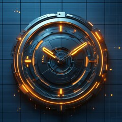 Naklejka premium Futuristic Tech Clock with Glowing Orange Accents on a Dark Grid Background, Modern Design