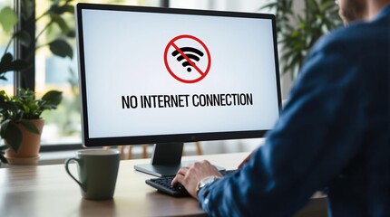 Man at desk with no internet connection message displayed on computer screen