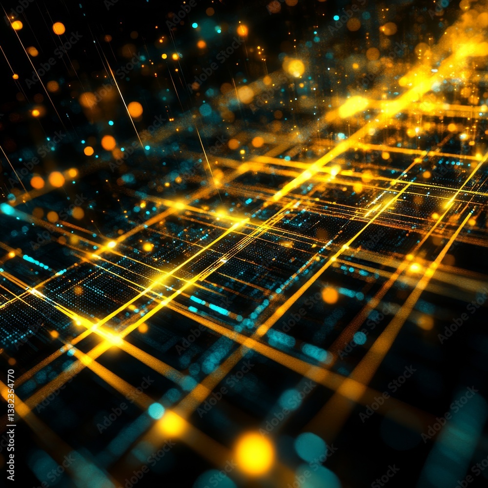 Aufkleber Illuminated Grid: Abstract Golden and Blue Data Network with Sparkling Particles and Lines on a Dark Background.
