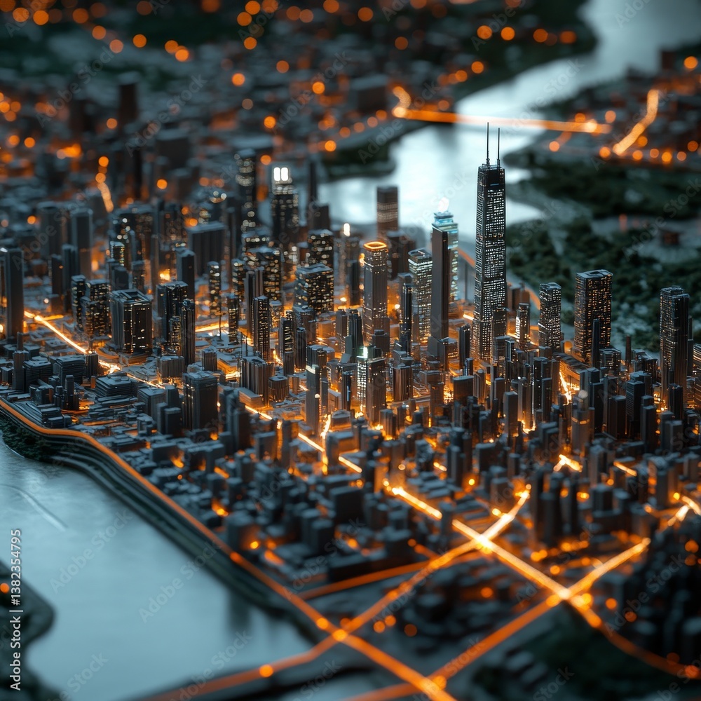 Poster Illuminated Metropolis: A Low-Poly Cityscape Render with Glowing Streets and Towering Structures at Night