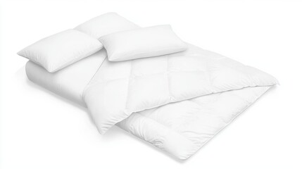 Soft white bedding set displayed on a minimalist background showcasing a cozy, inviting sleeping environment for comfort and relaxation, isolated on white background